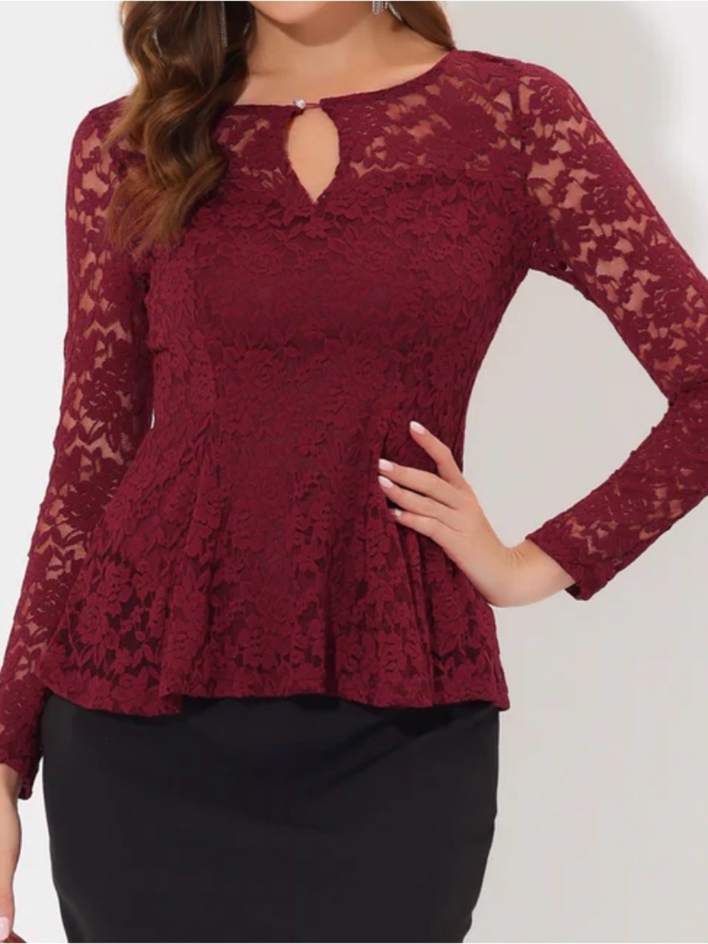 Allegra K Burgundy Lace Peplum Blouse with Keyhole